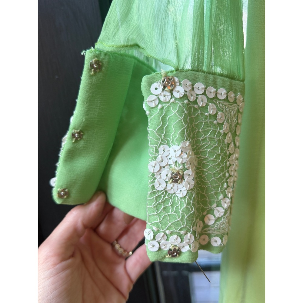 Vintage 1970s Lime Green Chiffon Dress Crochet Sequin Bodice Sheer Sleeve 70s - Picture 4 of 12
